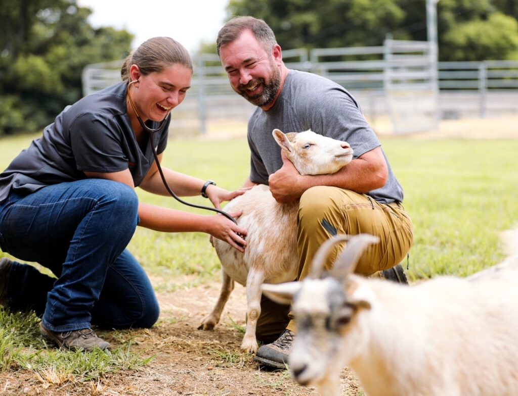 Veterinarian performing a wellness exam on a goat